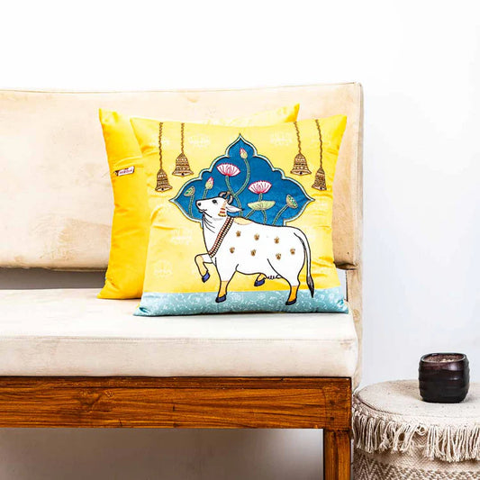 Premium Pichwai Cow W/Bell Cushion Cover