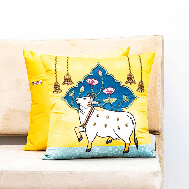 Premium Pichwai Cow W/Bell Cushion Cover